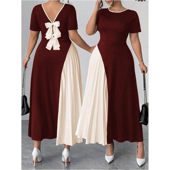 Women's Plus Size Color Block Pleated Maxi Dress Short Sleeve Formal - Picture 5 of 5